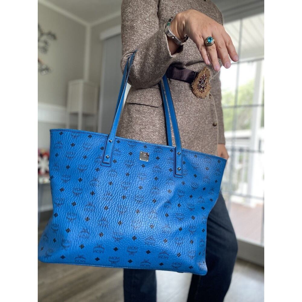 MCM Large Top Zip Shopper Tote Munich Cerulean Blue Leather